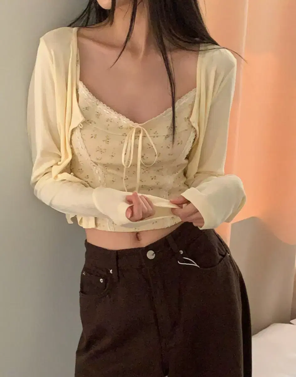 네비 루붓 레이스 나시 가디건 SET