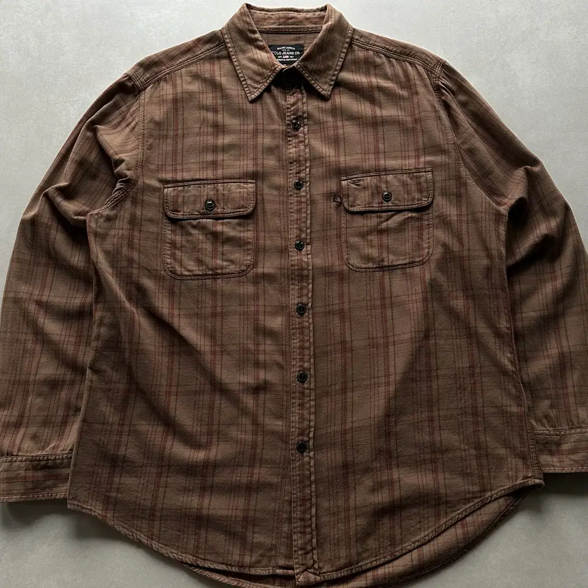 [XL]Polo Jins Plaid Pocket Brown Shirt