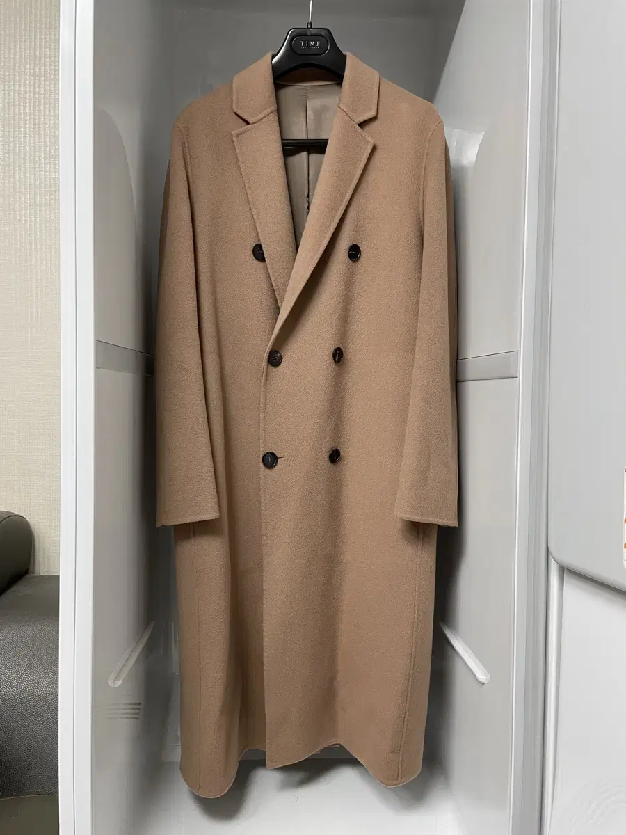 Time-homme beige cashmere semi overcoat handmade double-breasted size 100