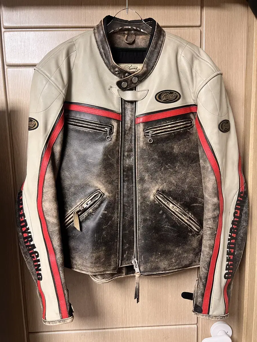 Real Leather Biker Racing Jacket GREEDY Size L Rider