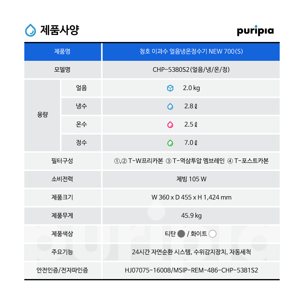 청호 이과수 얼음냉온정수기 NEW 700