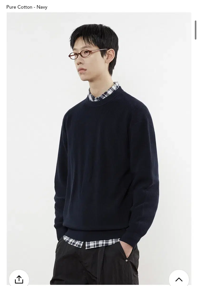 (Key Mu) Pure Cotton Washable Crew Neck Knit [Navy/L]