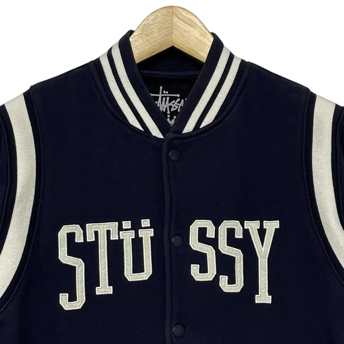 스투시 Stussy 스펠 로고 코튼 바시티 자켓 네이비