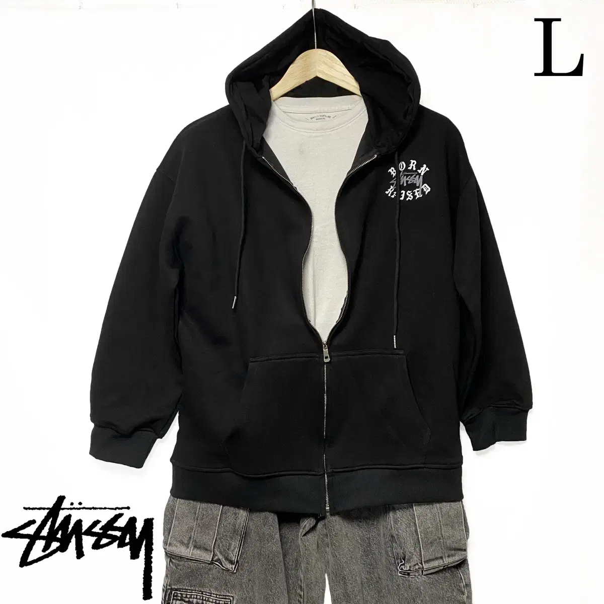 Stussy & Boned Raised Logo Zip-Up Hoodie Black Size L