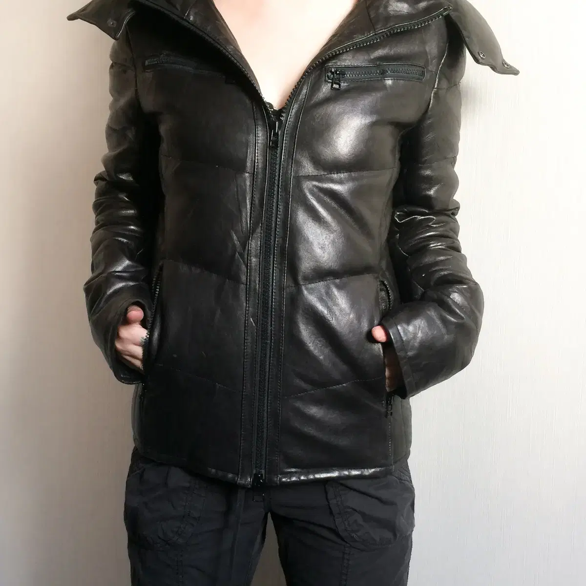 Leather high neck hood jumper