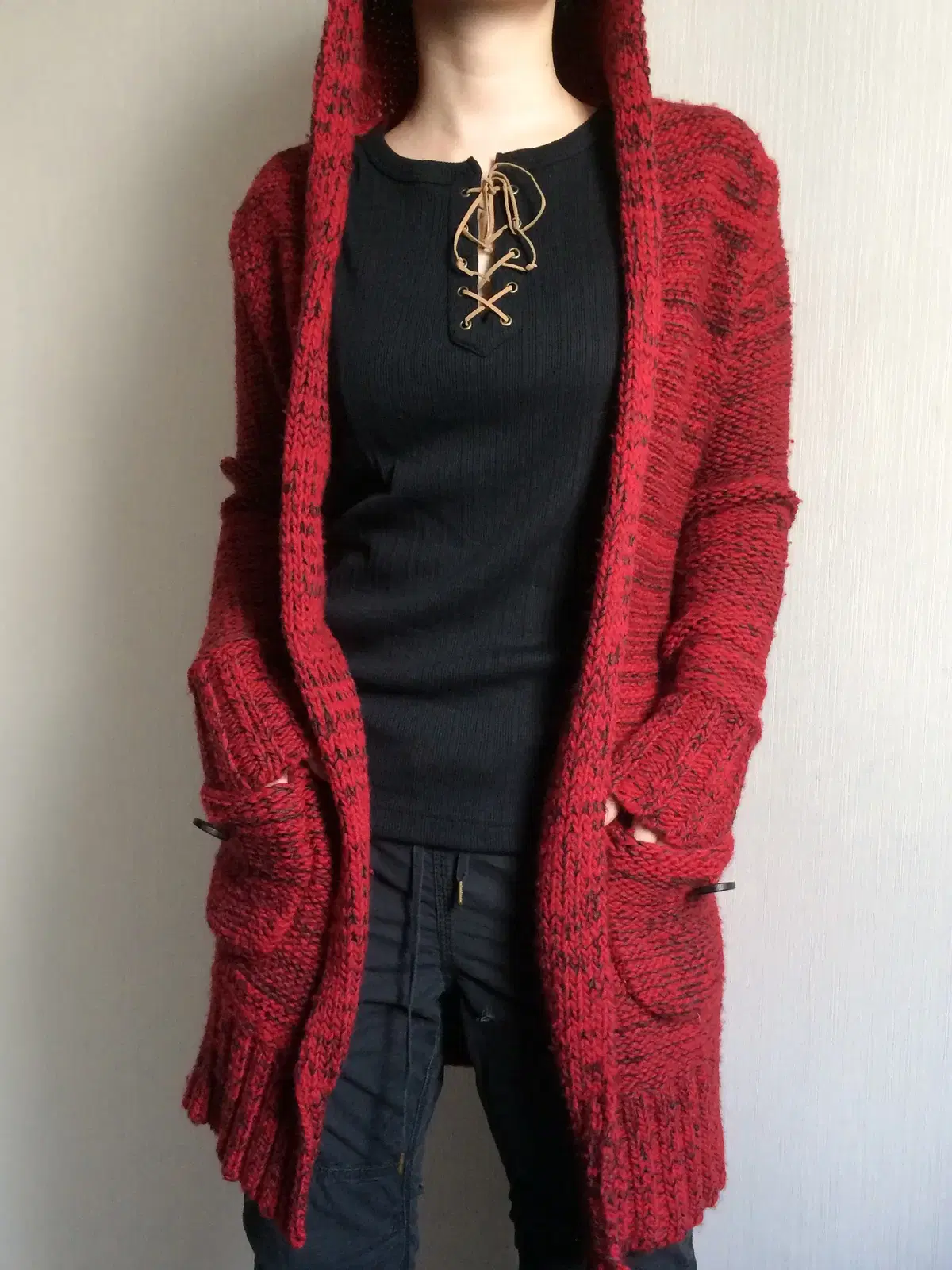 Bokashi tied hood knit cardigan