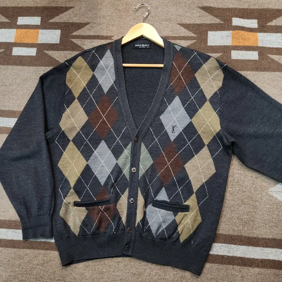 YSL Yves Saint Laurent Argyle Knit Cardigan 105