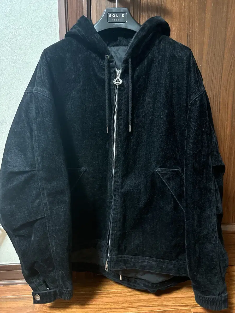 [48]Solid Homme Black Washed Velvet Hooded Jacket