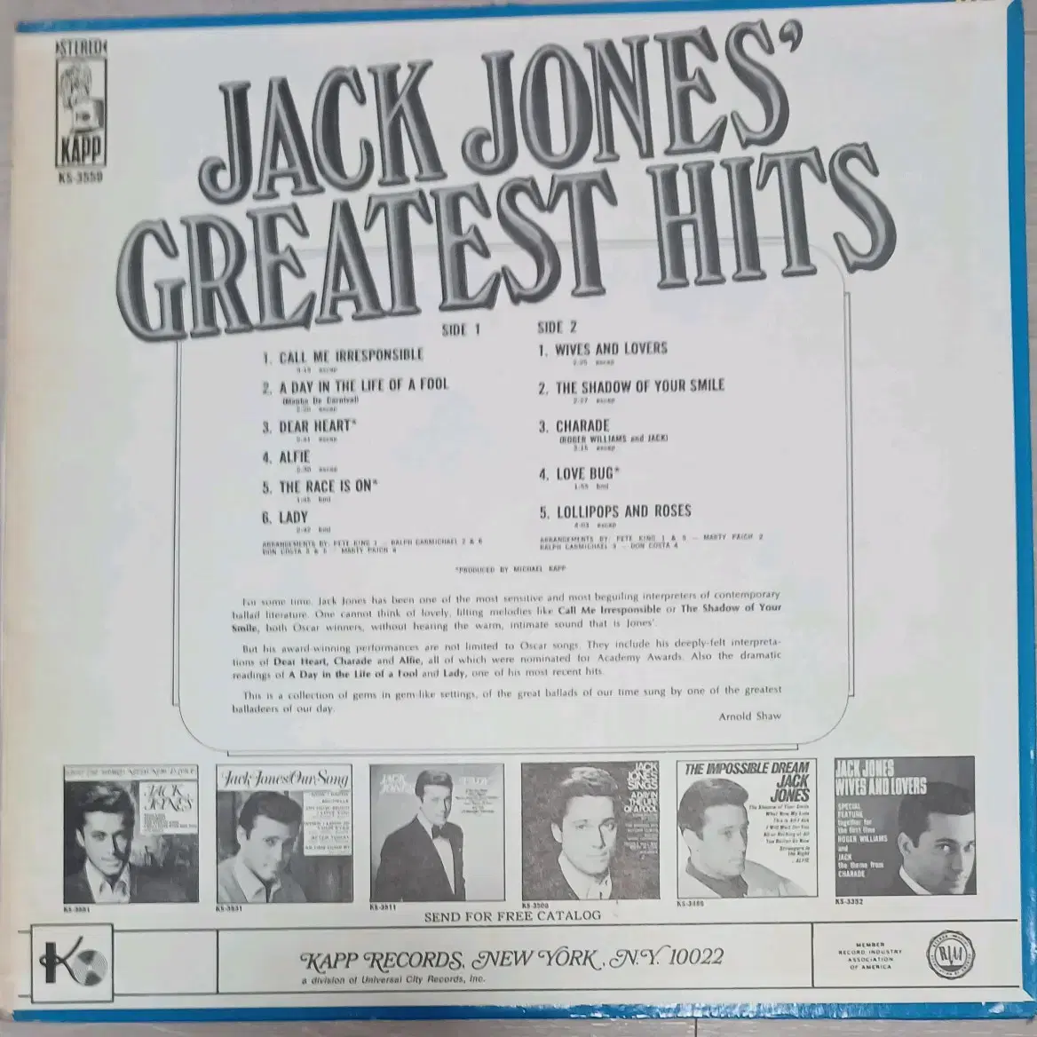 잭존슨LP Jack jones Great hits 미국수입원판 NM