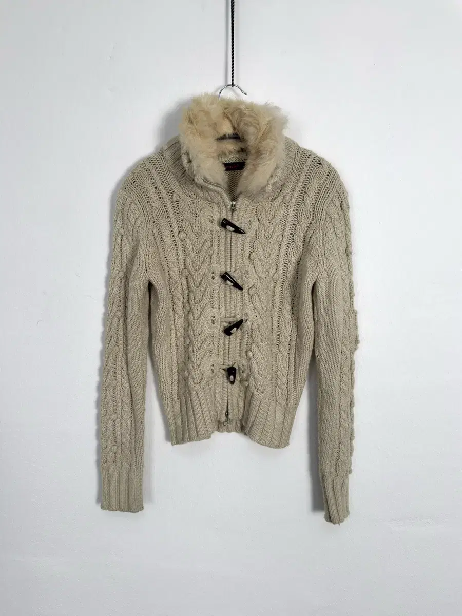 toggle fur collar cable knit jacket