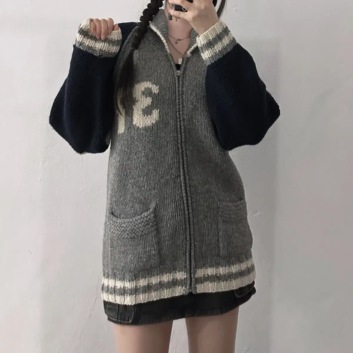 (L) Canadian Cowichan Sweater Knit Cardigan Zip Up