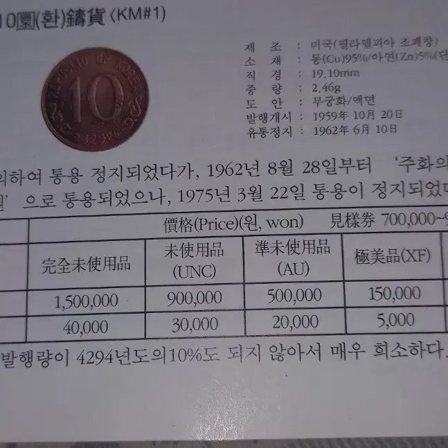 4292년10환희귀동전주화 64등급판매합니다.