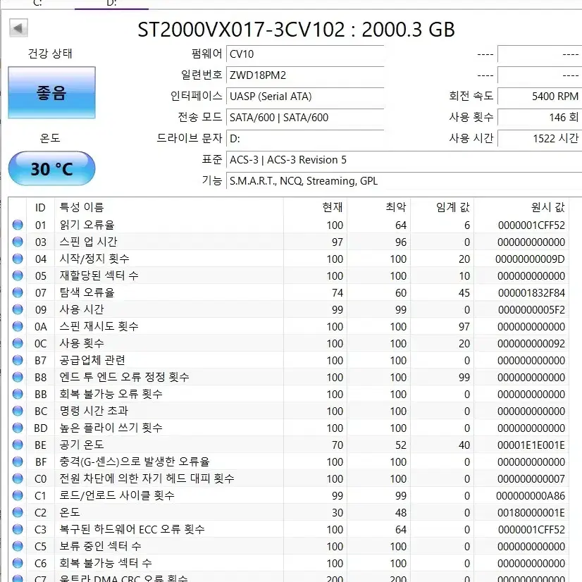 (2개 일괄,개별가능) 스카이호크 2테라 2TB, 보증3년,60일대 사용