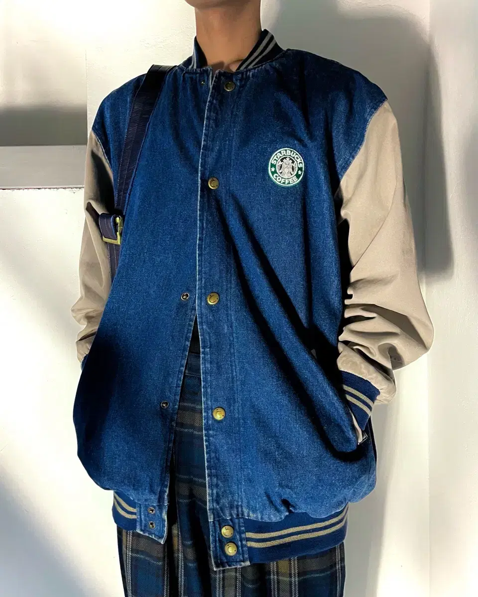 90s-00s Starbucks Logo Patched Overfit Denim Varsity Work Jacket Jumper