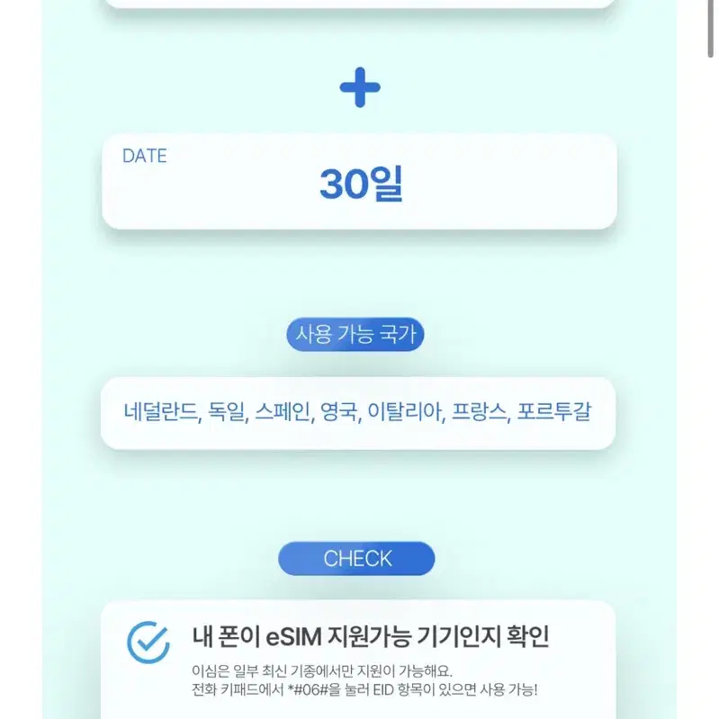 미사용 유럽 이심 (ESIM) 20기가