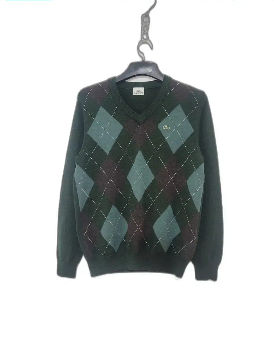 LACOSTE Argyle pattern V-neck long-sleeved knit T-shirt