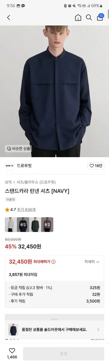 드로우핏 스탠드카라 린넨 셔츠 [NAVY] medium