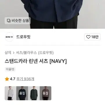 드로우핏 스탠드카라 린넨 셔츠 [NAVY] medium