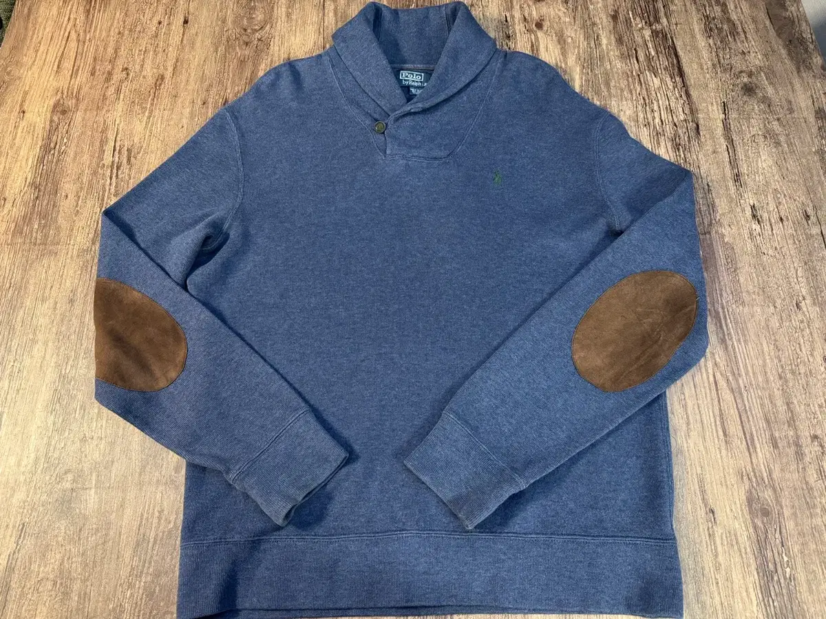 [L] Polo Ralph Lauren Shawl Kara Knit Navy Elbow Patch Suede A+.