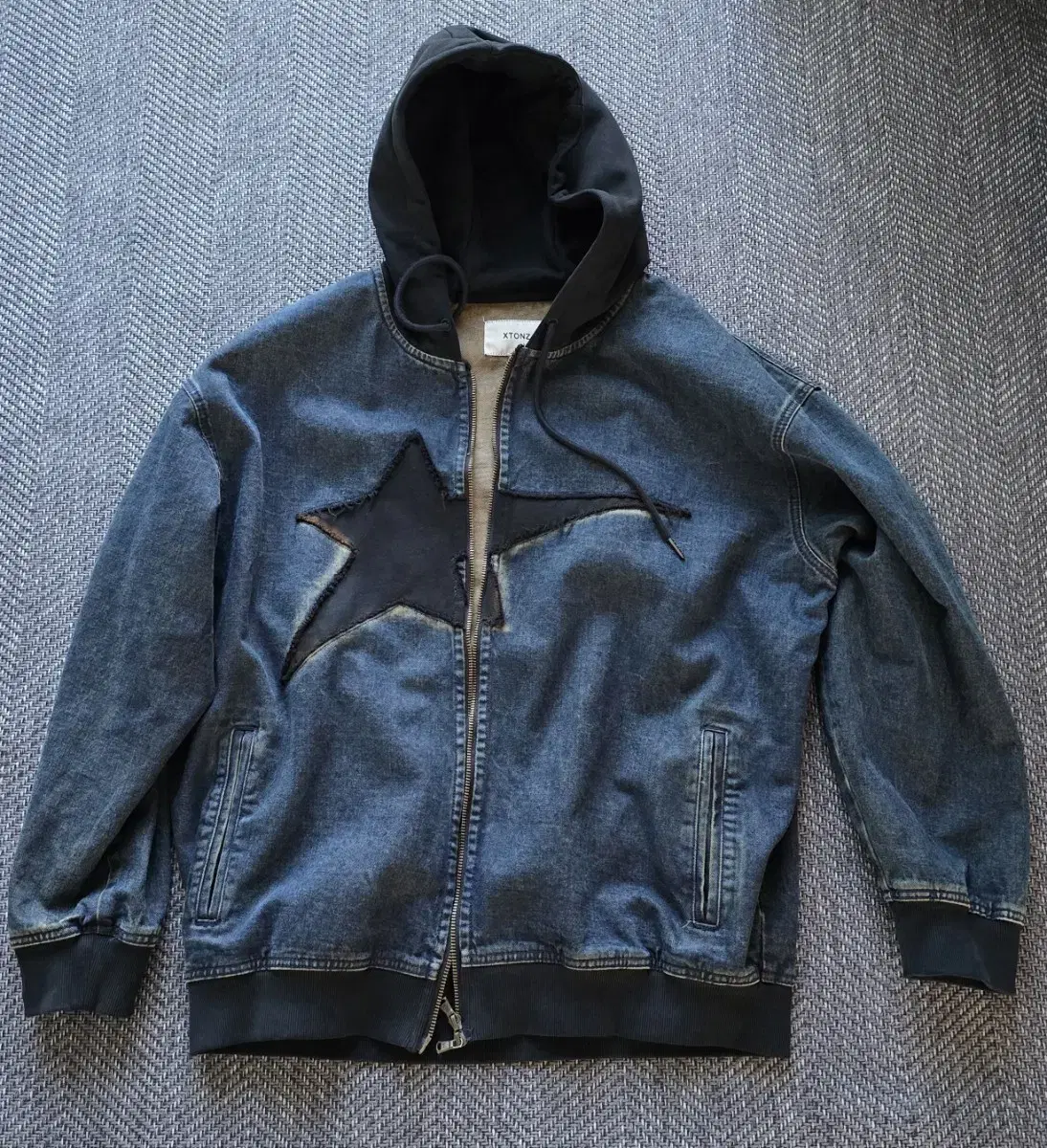 [L] Xtones Vintage Wash Star Denim Hoodie Zip Up (DEEP BLUE)