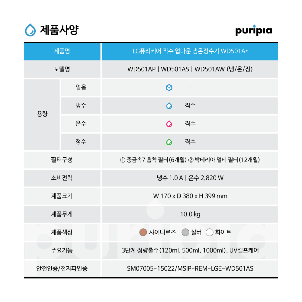 LG퓨리케어 직수 냉온정수기 스윙/업다운