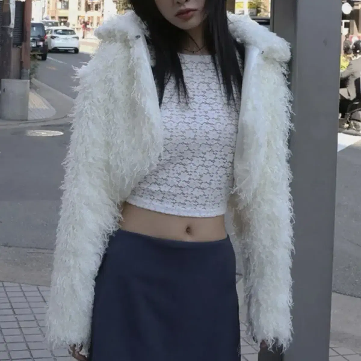 어글리쉐도우 CURLY CROPPED FUR JACKET(IVORY)