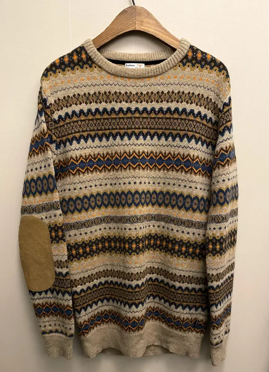 (M/97)BARBOUR Barbour Fair Isle Elbow Patch Lambswool Crew Neck Knit