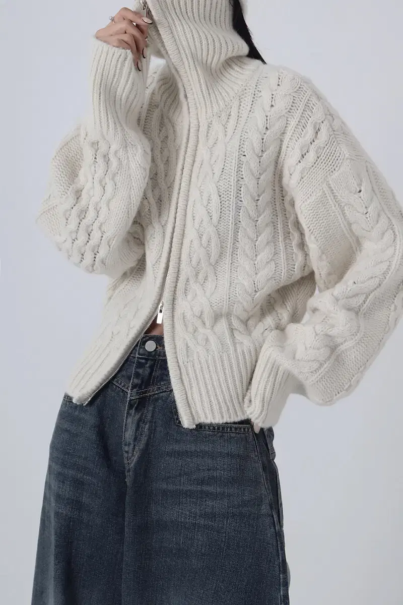 Twisted High-neck Knit Zip-up [ Ivory ]