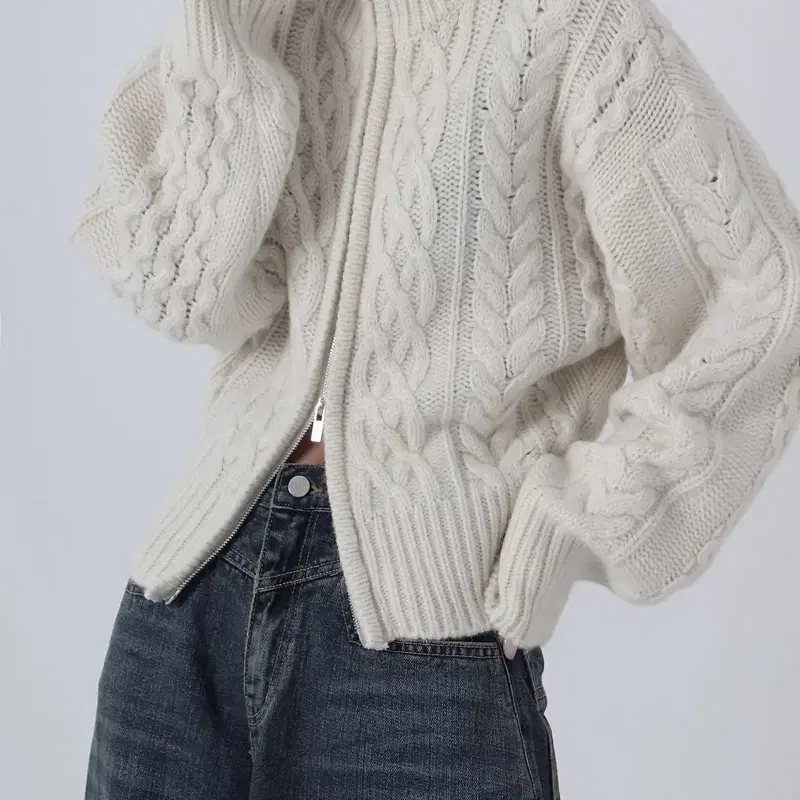 Twisted High-neck Knit Zip-up [ Ivory]