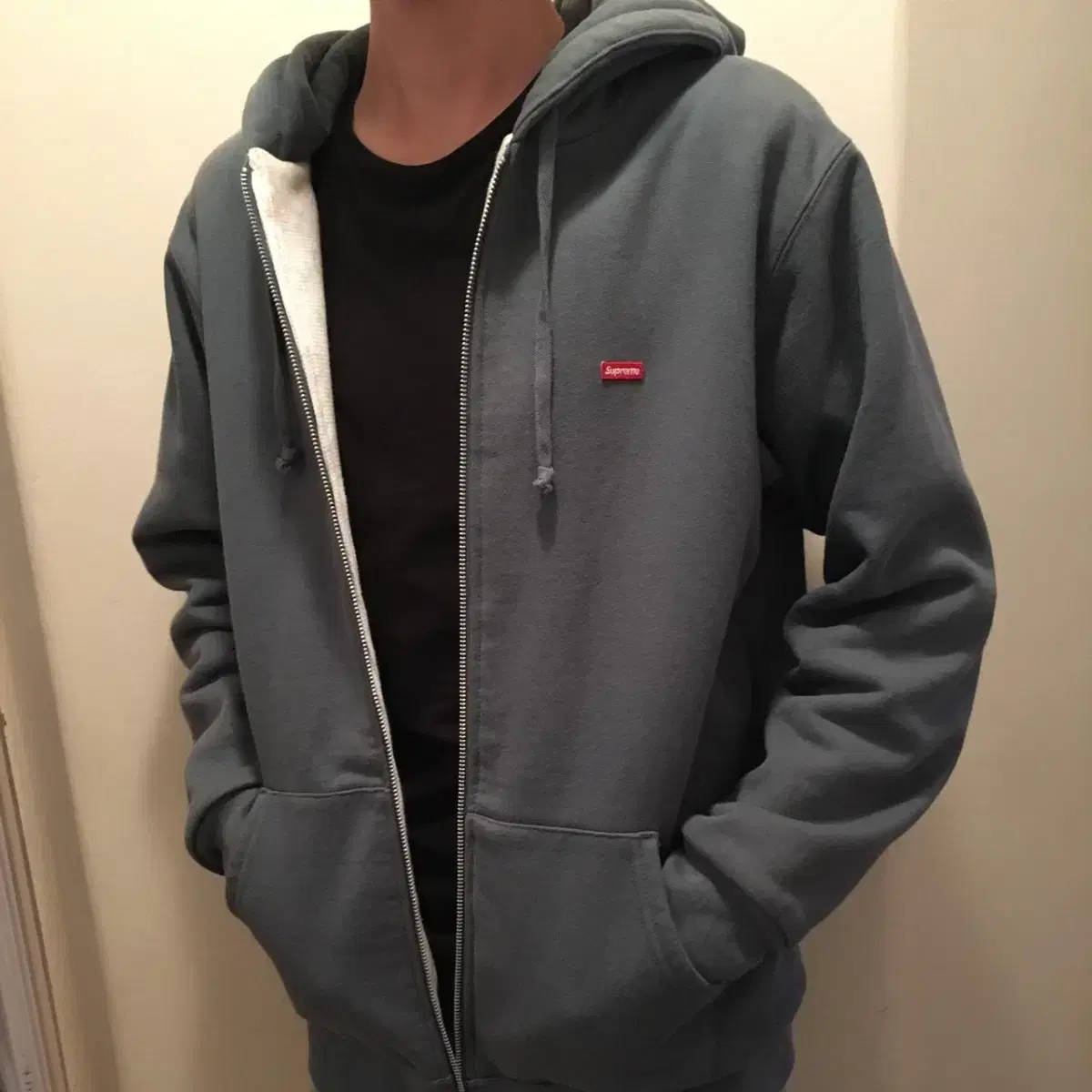 TAFFO)16FW Supreme Small Box Slate Grey Hooded Zip-up L