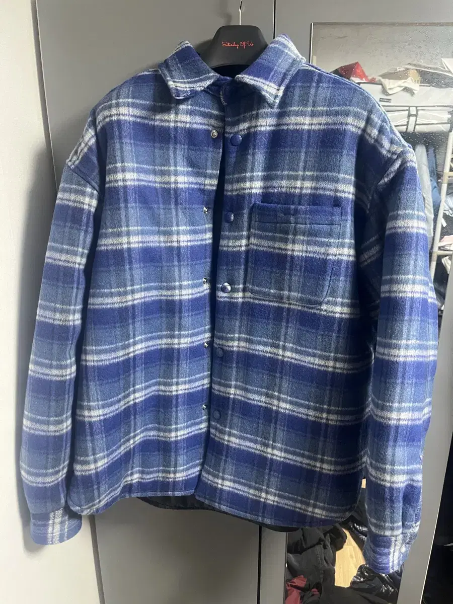 New)stu office wool check shirt padded L sells