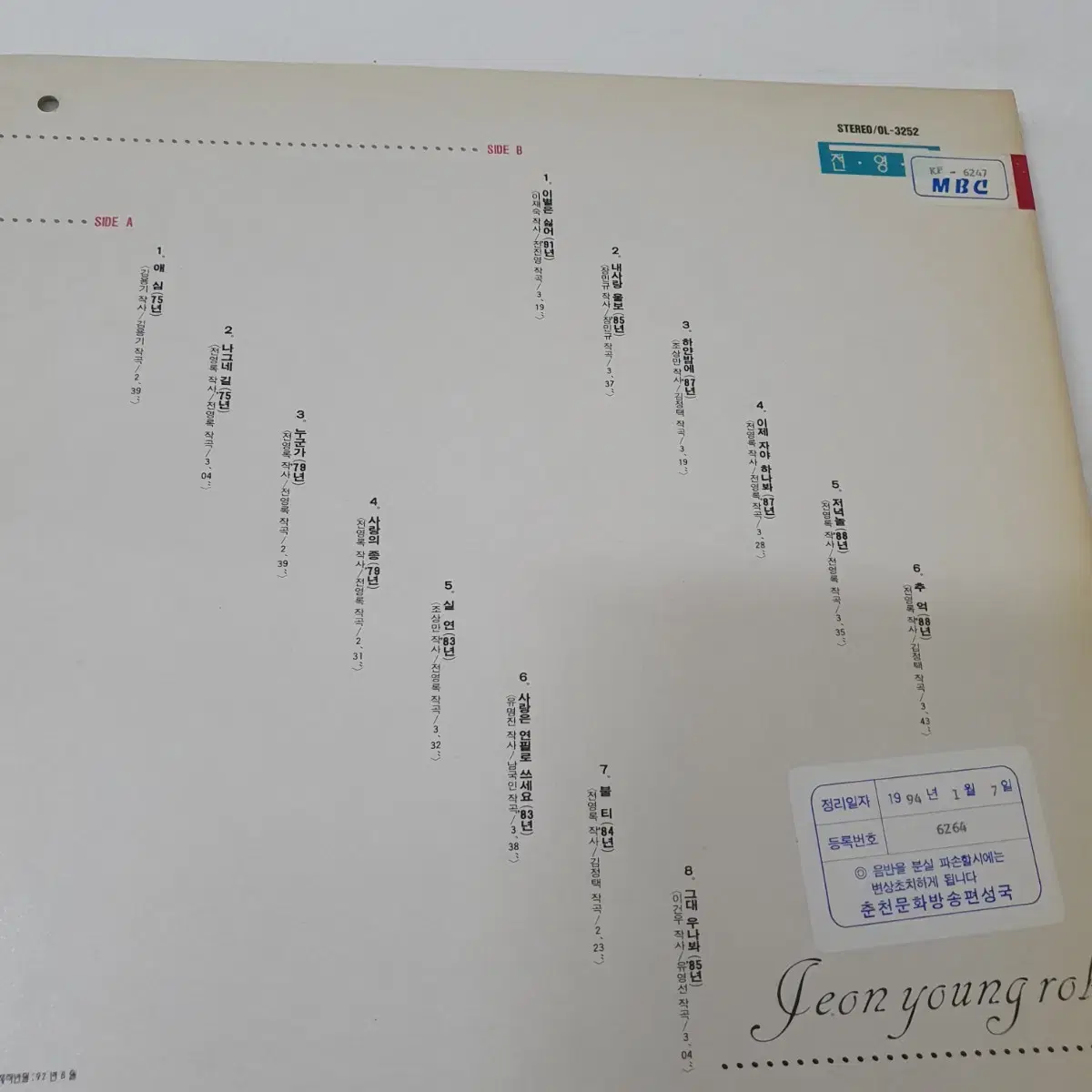 전영록 20주년기념 골든앨범 LP  1992     귀한음반