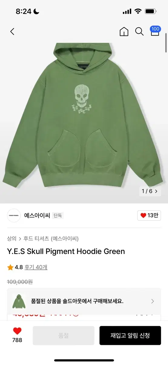 예스아이씨 skull pigment hoodie green 후드 후드집업