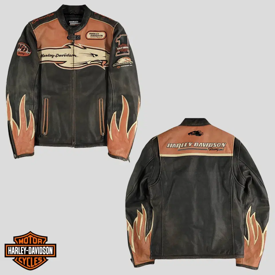 Harley-Davidson Racing Pigment Brown Orange Flame Flame Embroidered Neckbizzo Two