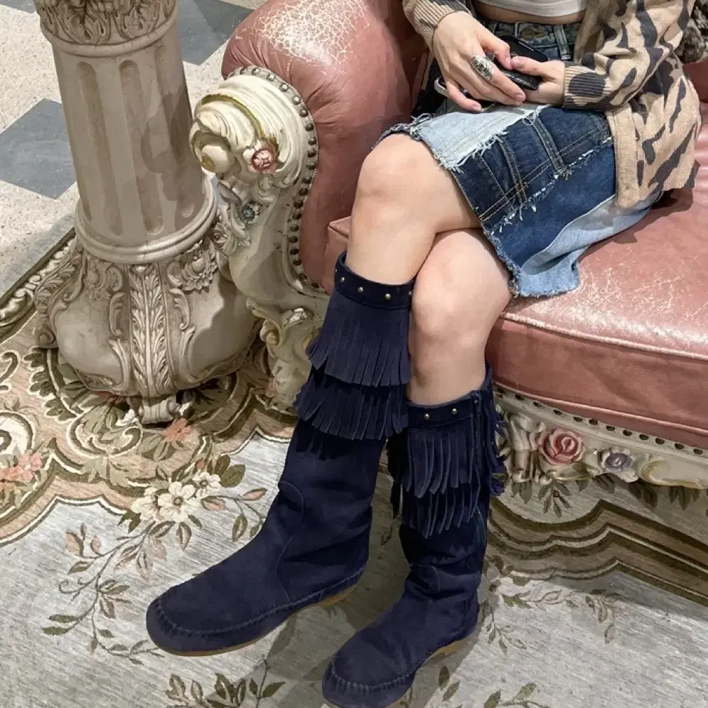 Navy Suede Fringe Long Boots 230