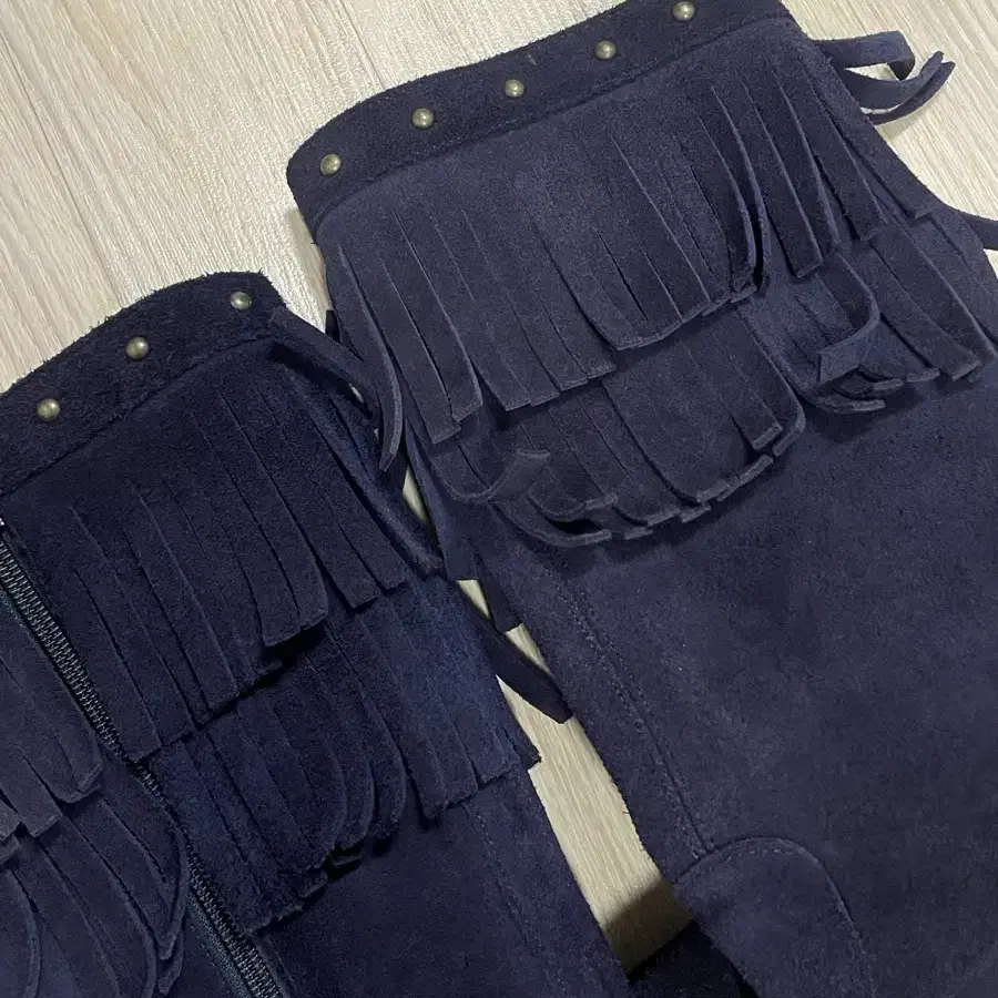 Navy Suede Fringe Long Boots 230