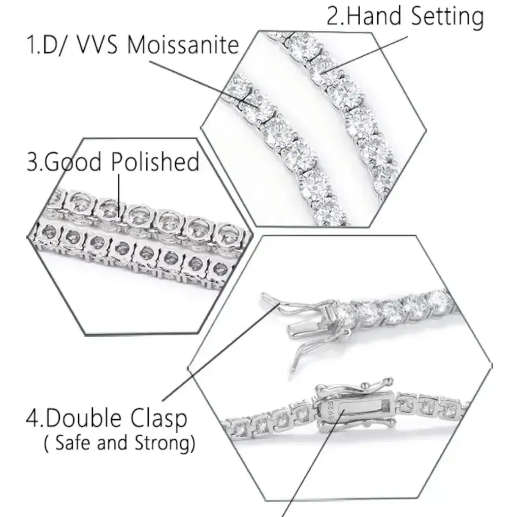 힙합 925 스털링 실버 VVS 모이사나이트 테니스 체인