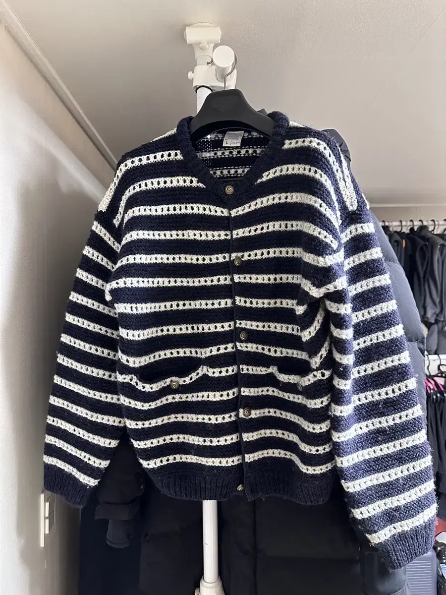 STU Striped Roundneck Cardigan Navy Size L