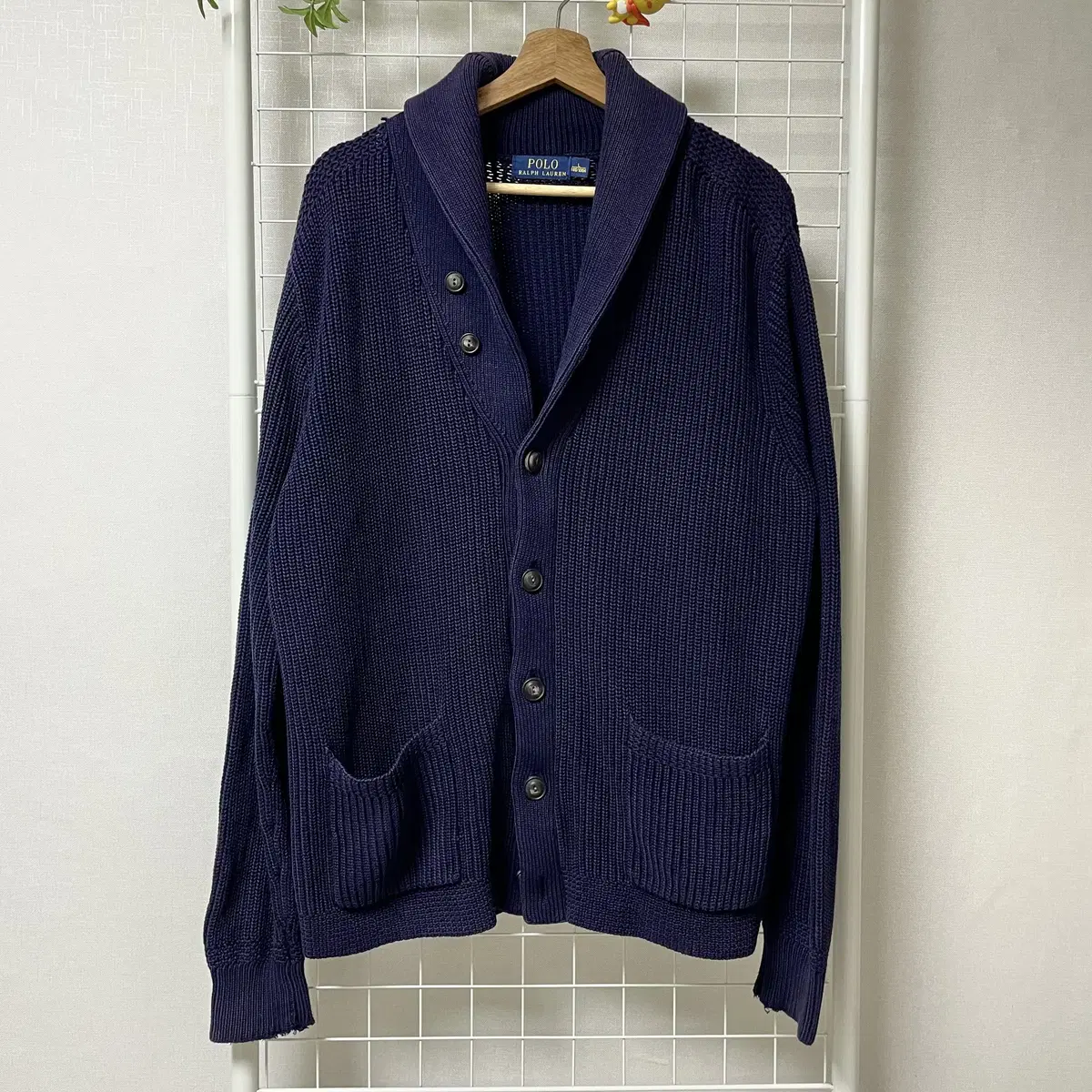 Polo Ribbed Shoulder Knit Cardigan Navy WK-0064