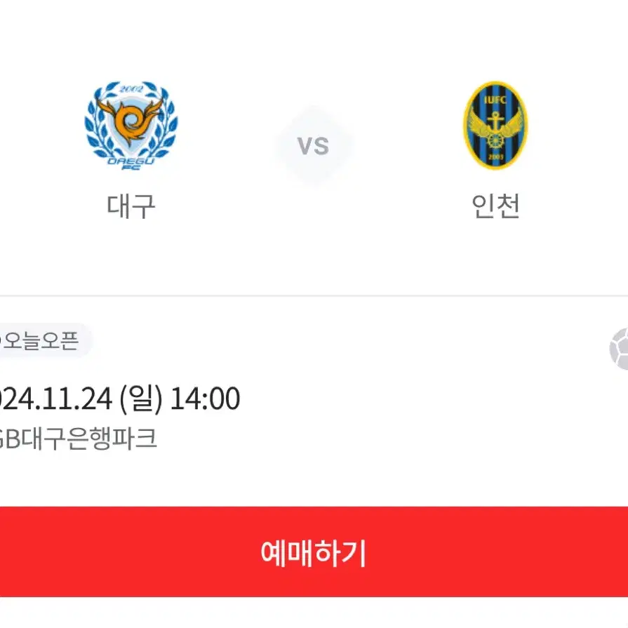 대구fc 인천전 11월24일경기 성인 연석