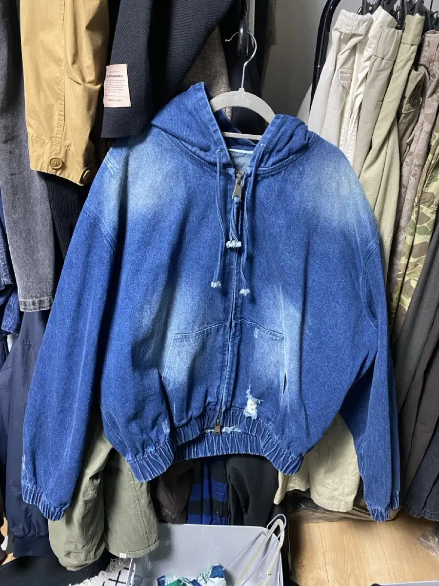 V-Two Drawing Washed Denim Hooded Jacket bloo L