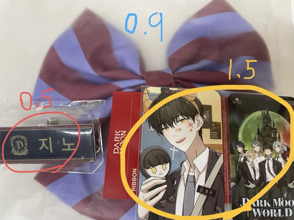 Lotte World enhypen Darkmoon Heligino photocard, name tag, and DeCellis uniform ribbon wts.