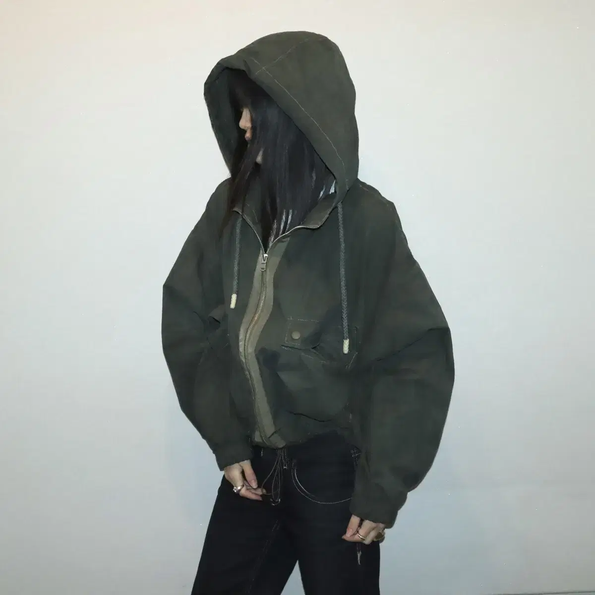 Khaki washing hoodie zip-up