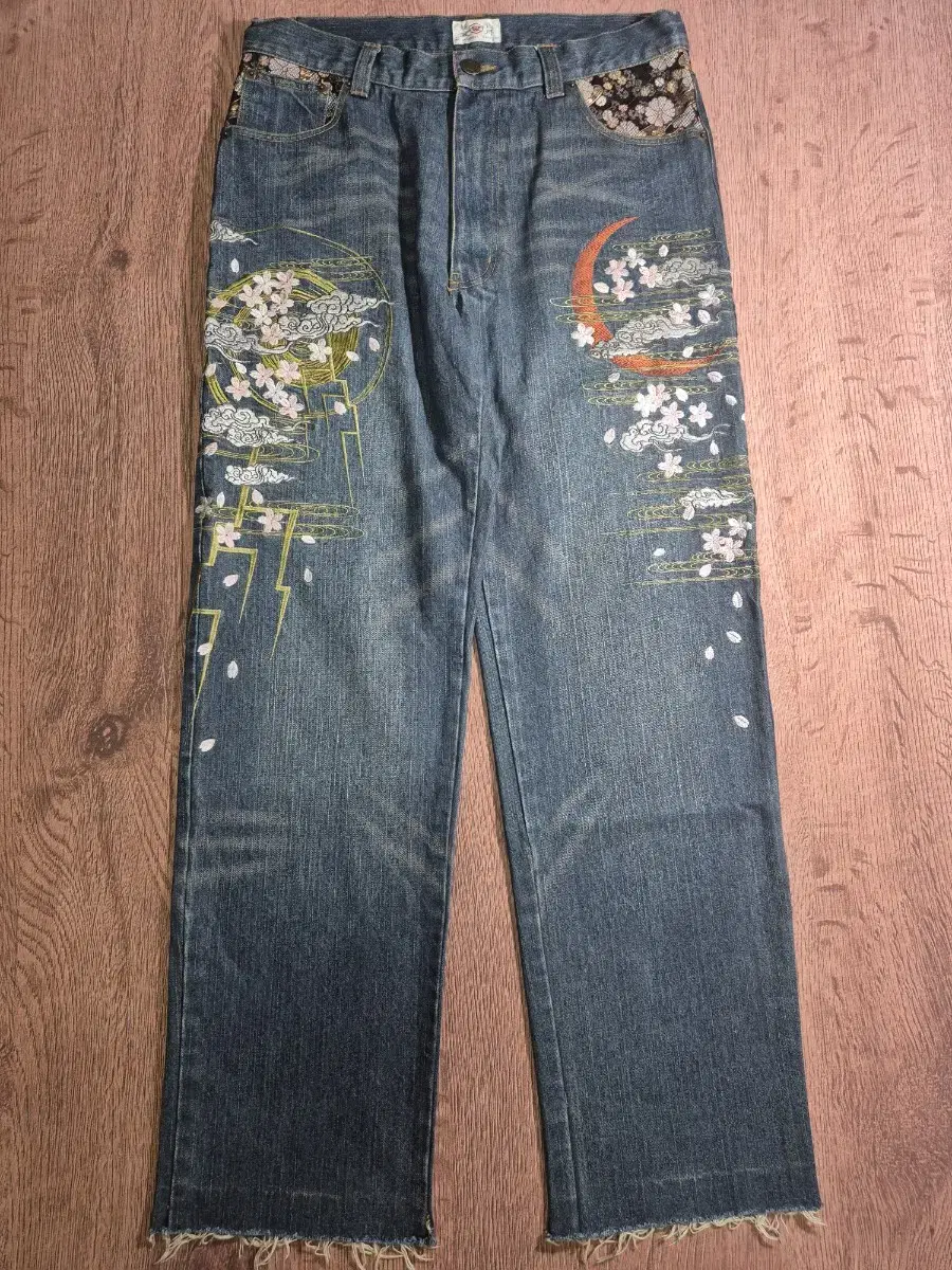 Karakuri Japanese Traditional Embroidered Denim Trousers in Japanese Style