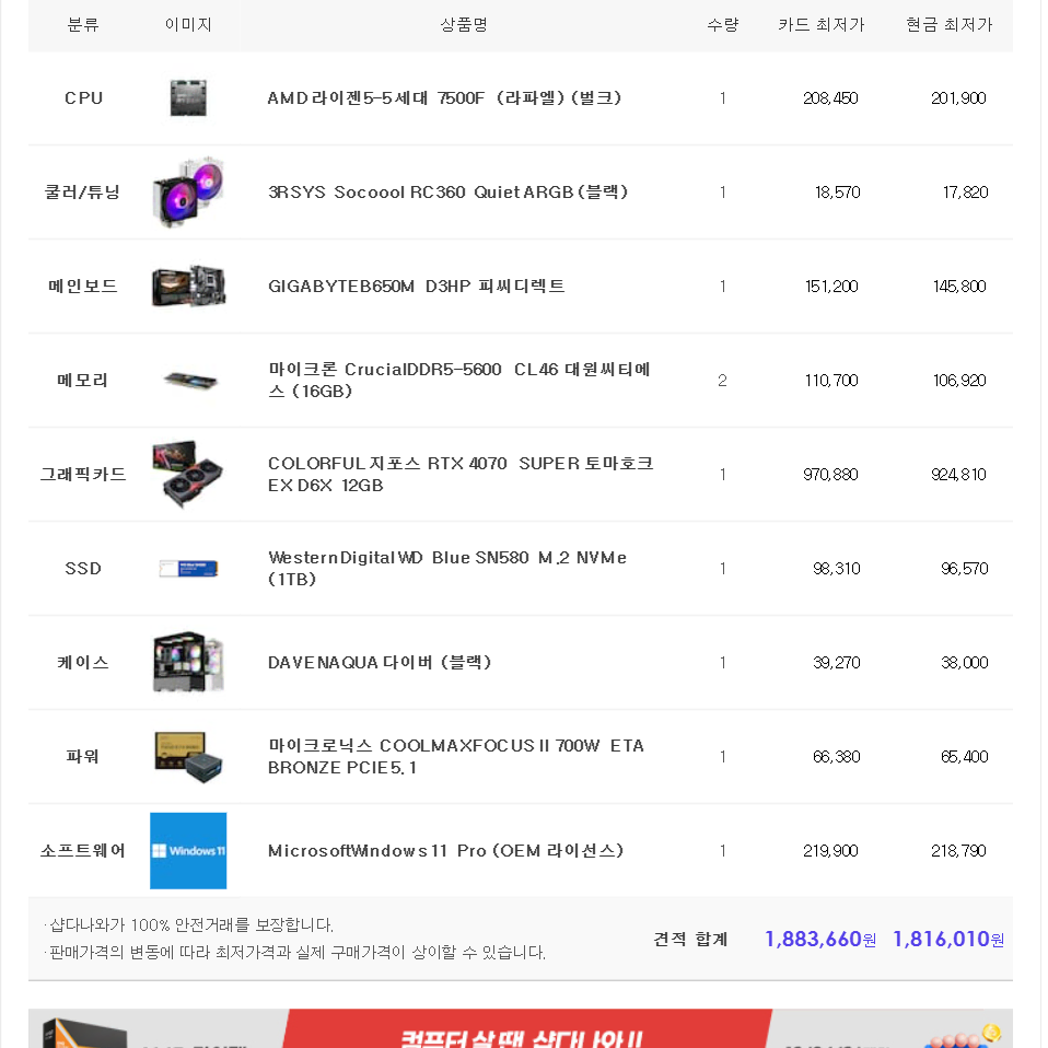 (새제품)7500F/4070수퍼/램32/1TB/게임풀옵 PC본체데스크탑