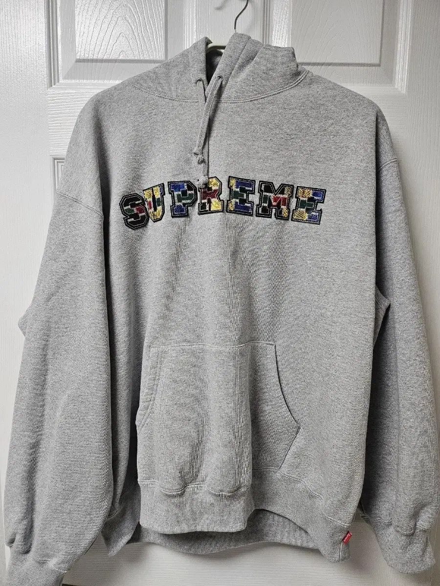 Supreme College Eight Patchwork Leather Hoodie in Heather Grey - Size L