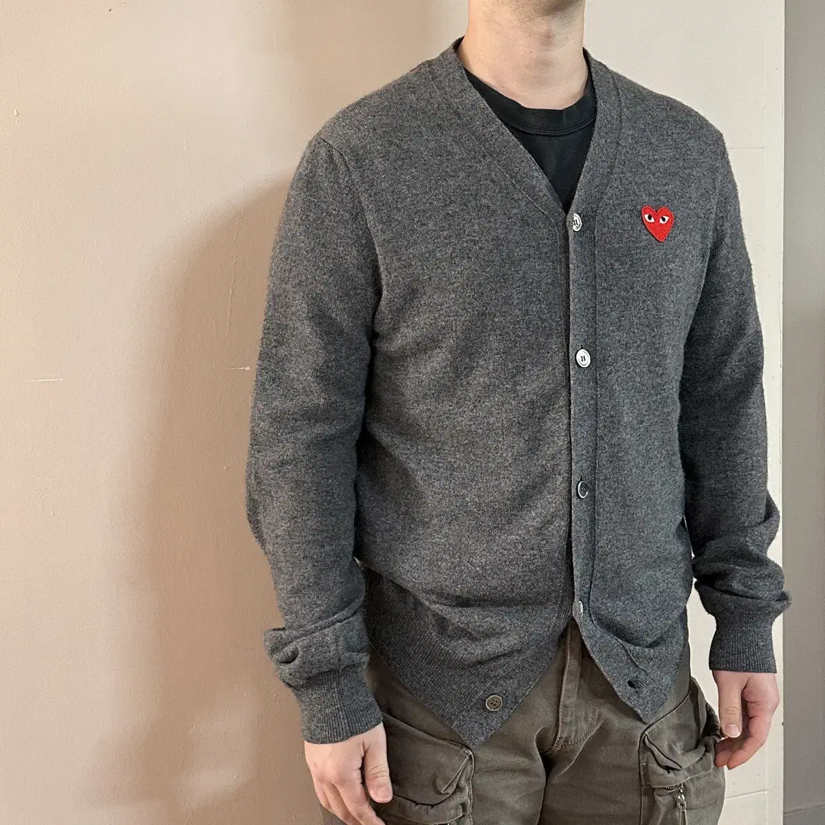 Comme des Garçons Song Red Waffen Knit Cardigan Charcoal XL