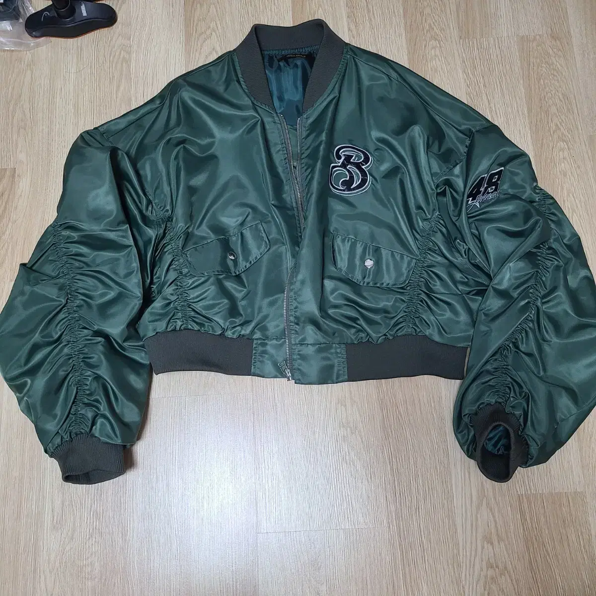 Shirred cropped aviation jumper jacket