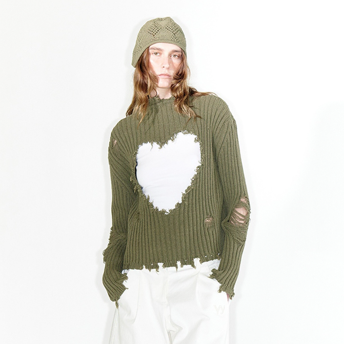 OPEN YY DAMAGED HEART PULLOVER, KHAKI