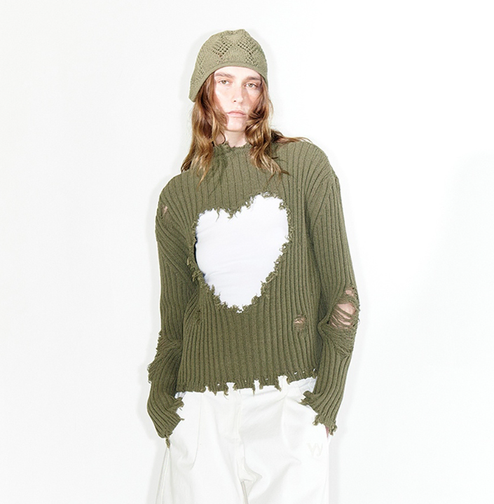 OPEN YY DAMAGED HEART PULLOVER, KHAKI